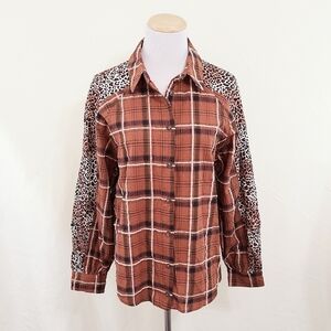 Loveriche Leopard plaid button down shirt brown animal print women's size small
